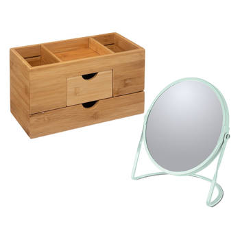 5Five Make-up organizer en spiegel set - lades/vakjes - bamboe/metaal - 5x zoom spiegel - Make-up dozen