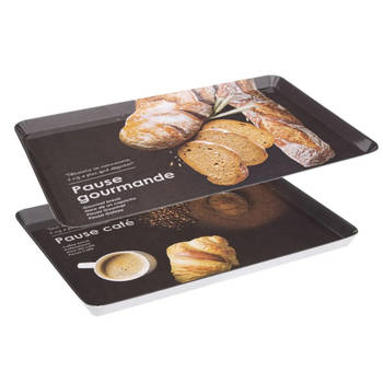 Set 2x dienbladen/serveerbladen rechthoekig Koffie en Brood zwart - Dienbladen