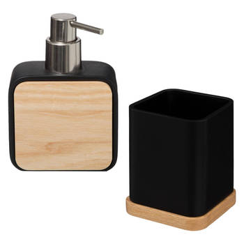 Badkamer/toilet accessoires set - tandenborstelhouder en zeeppompje - zwart - bamboe - 200 ml - Badkameraccessoireset