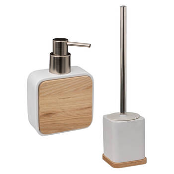 Badkamer/toilet accessoires set - WC-borstel in houder en zeeppompje - wit - bamboe - 200 ml - Badkameraccessoireset