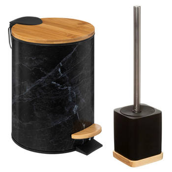 Badkamer/toilet accessoires set - WC-borstel in houder en prullenbak - zwart - bamboe - 3 liter - Badkameraccessoireset