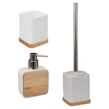 Badkamer/toilet accessoires set 3-delig - wit - bamboe - WC-borstel/tandenborstelhouder/zeeppompje - Badkameraccessoires