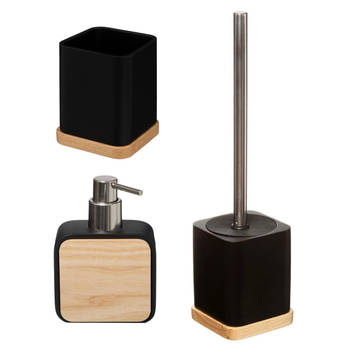 Badkamer/toilet accessoires set 3-delig - zwart - bamboe - WC-borstel/tandenborstelhouder/zeeppompje - Badkameraccessoir
