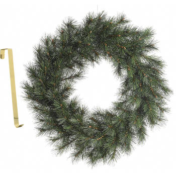 Kerstkrans groen 60 cm kunststof incl. messing deurhanger - Kerstkransen