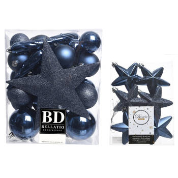 Kerstversiering kunststof kerstballen met piek donkerblauw 5-6-8 cm pakket van 39x stuks - Kerstbal