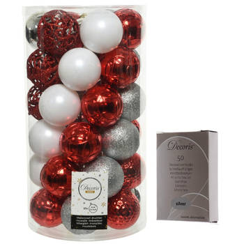 Kerstversiering mix pakket kunststof kerstballen 6 cm zilver/rood/wit 37x stuks met haakjes - Kerstbal