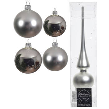Glazen kerstballen pakket zilver glans/mat 38x stuks 4 en 6 cm met piek mat - Kerstbal