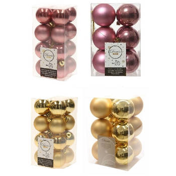 Kerstversiering kunststof kerstballen mix goud/ oud roze 4 en 6 cm pakket van 80x stuks - Kerstbal