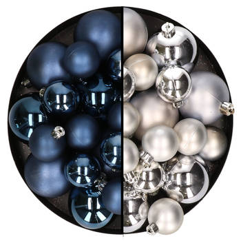 Kerstversiering kunststof kerstballen mix donkerblauw/zilver 6-8-10 cm pakket van 44x stuks - Kerstbal