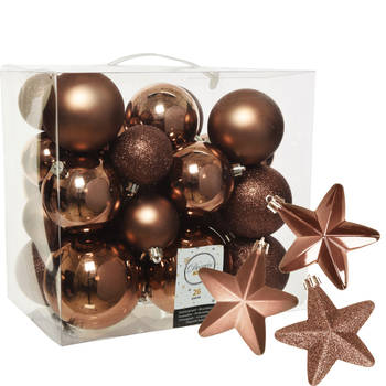 Pakket 32x stuks kunststof kerstballen en sterren ornamenten walnoot bruin - Kerstbal