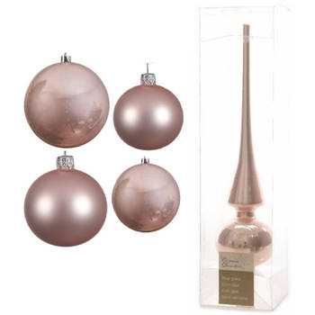Glazen kerstballen pakket lichtroze glans/mat 38x stuks 4 en 6 cm met piek glans - Kerstbal