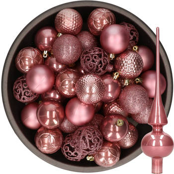 37x stuks kunststof kerstballen 6 cm incl. glazen piek glans oudroze - Kerstbal