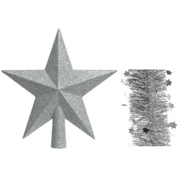 Kerstversiering kunststof glitter ster piek 19 cm en sterren slingers pakket zilver van 3x stuks - kerstboompieken