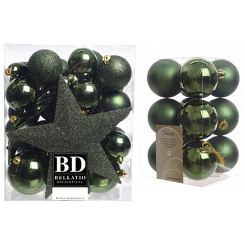 Kerstversiering kunststof kerstballen met piek donkergroen 5-6-8 cm pakket van 45x stuks - Kerstbal
