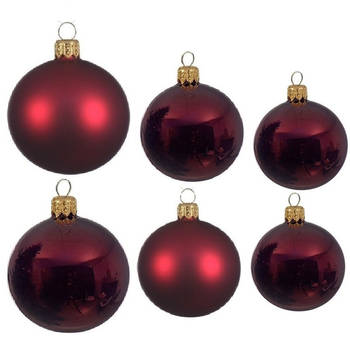 Glazen kerstballen pakket donkerrood glans/mat 16x stuks diverse maten - Kerstbal