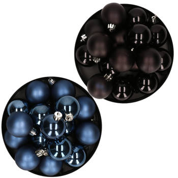 Kerstversiering kunststof kerstballen mix donkerblauw/zwart 4 en 6 cm pakket van 80x stuks - Kerstbal