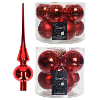 Glazen kerstballen pakket kerstrood glans/mat 32x stuks inclusief piek glans - Kerstbal