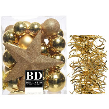 Kerstversiering kerstballen 5-6-8 cm met ster piek en golf slingers pakket goud van 35x stuks - Kerstbal