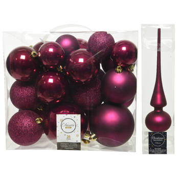 Kerstversiering kunststof kerstballen met piek framboos roze 6-8-10 cm pakket van 27x stuks - Kerstbal