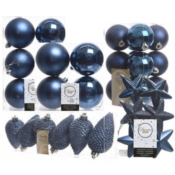 Kerstversiering kunststof kerstballen donkerblauw 6-8-10 cm pakket van 62x stuks - Kerstbal