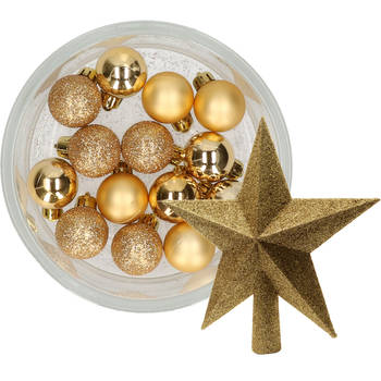Decoris 14x stuks kerstballen 3 cm met ster piek goud kunststof - Kerstbal