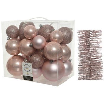 Kerstversiering kunststof kerstballen 6-8-10 cm met folieslingers pakket lichtroze van 28x stuks - Kerstbal