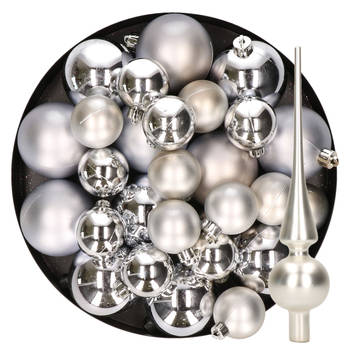 Kerstversiering kunststof kerstballen met piek zilver 6-8-10 cm pakket van 37x stuks - Kerstbal