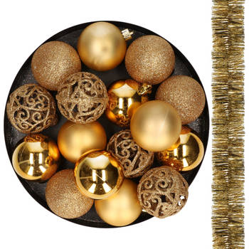 16x stuks kunststof kerstballen 6 cm incl. 2x st. kerstslingers goud - Kerstbal