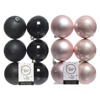 24x stuks kunststof kerstballen zwart en lichtroze 8 cm - Kerstbal
