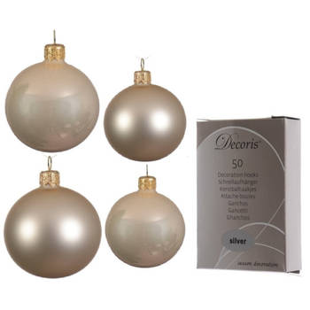 Glazen kerstballen pakket champagne glans/mat 38x stuks 4 en 6 cm inclusief haakjes - Kerstbal