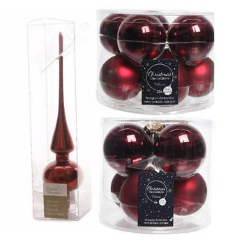 Glazen kerstballen pakket donkerrood glans/mat 32x stuks inclusief piek glans - Kerstbal