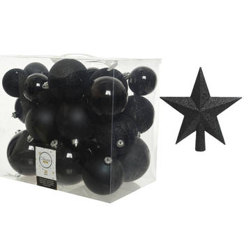 Kerstversiering kunststof kerstballen met piek zwart 6-8-10 cm pakket van 27x stuks - Kerstbal