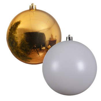 2x stuks grote kerstballen van 20 cm glans van kunststof goud en wit - Kerstbal
