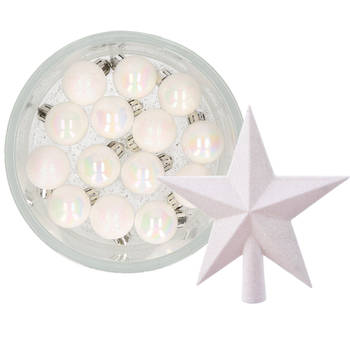 Decoris 14x stuks kerstballen 3 cm met ster piek parelmoer wit kunststof - Kerstbal