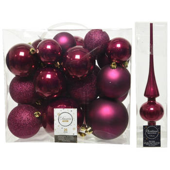 Kerstversiering kunststof kerstballen met piek framboos roze 6-8-10 cm pakket van 27x stuks - Kerstbal