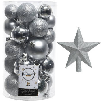 Kerstversiering kunststof kerstballen met piek zilver 4-5-6 cm pakket van 31x stuks - Kerstbal