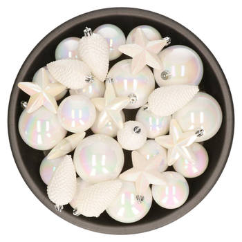 Kerstversiering kunststof kerstballen parelmoer wit 6-8-10 cm pakket van 62x stuks - Kerstbal