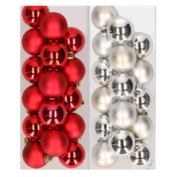 32x stuks kunststof kerstballen mix van rood en zilver 4 cm - Kerstbal