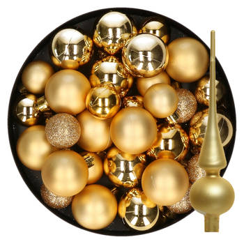 Kerstversiering kunststof kerstballen met piek goud 6-8-10 cm pakket van 42x stuks - Kerstbal