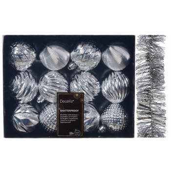 12x st kerstballen 6 cm incl. folieslinger - zilver - kunststof - Kerstbal