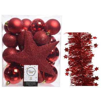 Kerstversiering kerstballen 5-6-8 cm met ster piek en sterren slingers pakket rood van 35x stuks - Kerstbal