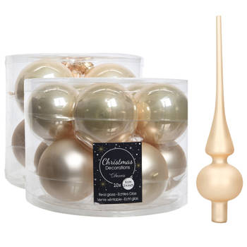 Glazen kerstballen pakket champagne glans/mat 32x stuks inclusief piek mat - Kerstbal