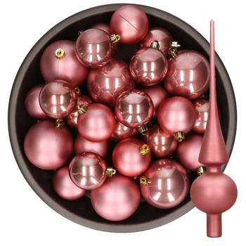 Kerstversiering kunststof kerstballen met piek oud roze 6-8-10 cm pakket van 45x stuks - Kerstbal