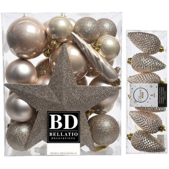 Kerstversiering kunststof kerstballen met piek parel/champagne 5-6-8 cm pakket van 39x stuks - Kerstbal