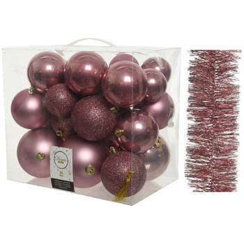 Kerstversiering kunststof kerstballen 6-8-10 cm met folieslingers pakket oud roze van 28x stuks - Kerstbal