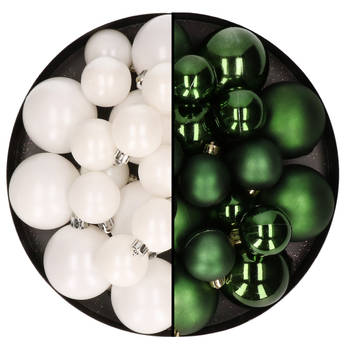 Kerstversiering kunststof kerstballen mix donkergroen/winter wit 4-6-8 cm pakket van 68x stuks - Kerstbal