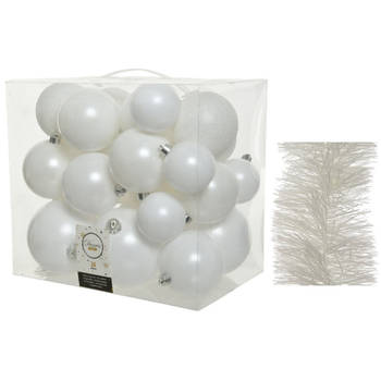 Kerstversiering kunststof kerstballen 6-8-10 cm met folieslingers pakket winter wit van 28x stuks - Kerstbal