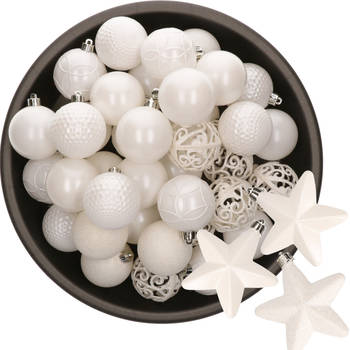 43x stuks kunststof kerstballen en sterren ornamenten wit - Kerstbal