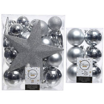 Kerstversiering kunststof kerstballen met piek zilver 5-6-8 cm pakket van 45x stuks - Kerstbal