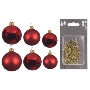 Groot pakket glazen kerstballen 50x kerstrood glans/mat 4-6-8 cm incl haakjes - Kerstbal